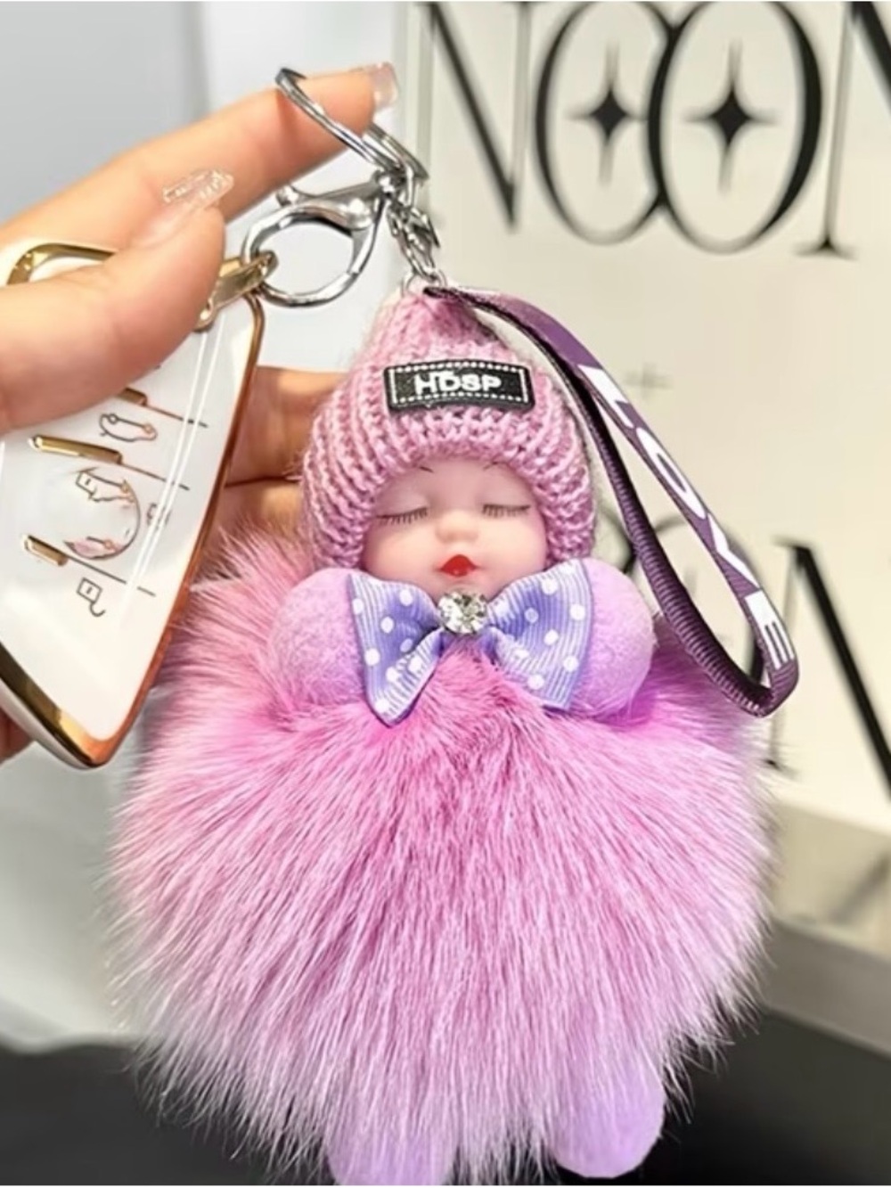 2/20♥️Lavender Plush Baby Doll Keychain - Cute Fur Pom Pom Accessory